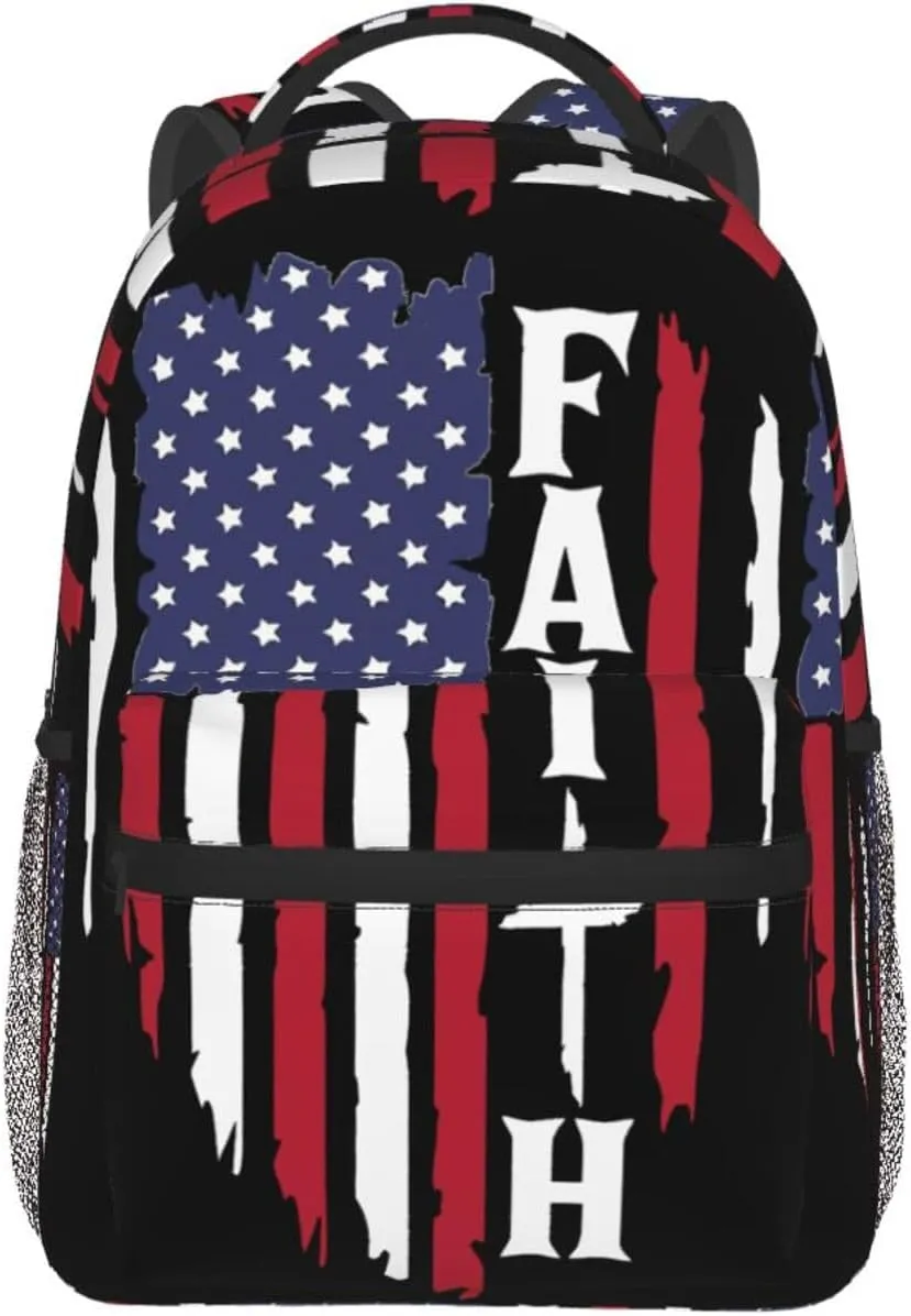 Faith American Flag Backpack Casual Pack Bag Laptop Backpack With Side Pocket Front Zipper Pocket Bookpack Travel Daypack Picnic Rucksack