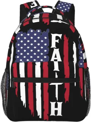 Faith American Flag Backpack Casual Pack Bag Laptop Backpack With Side Pocket Front Zipper Pocket Bookpack Travel Daypack Picnic Rucksack