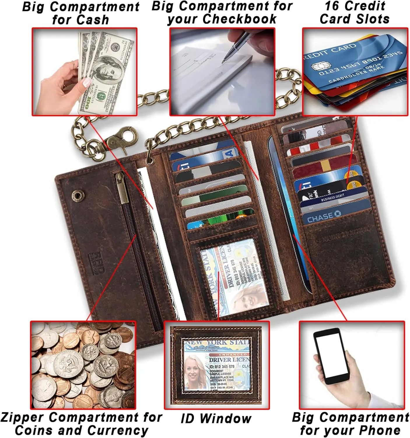 F&L CLASSIC RFID Blocking Mens Tri-fold Long Style Cowhide Leather Steel Chain Wallet,buffalo vintage leather