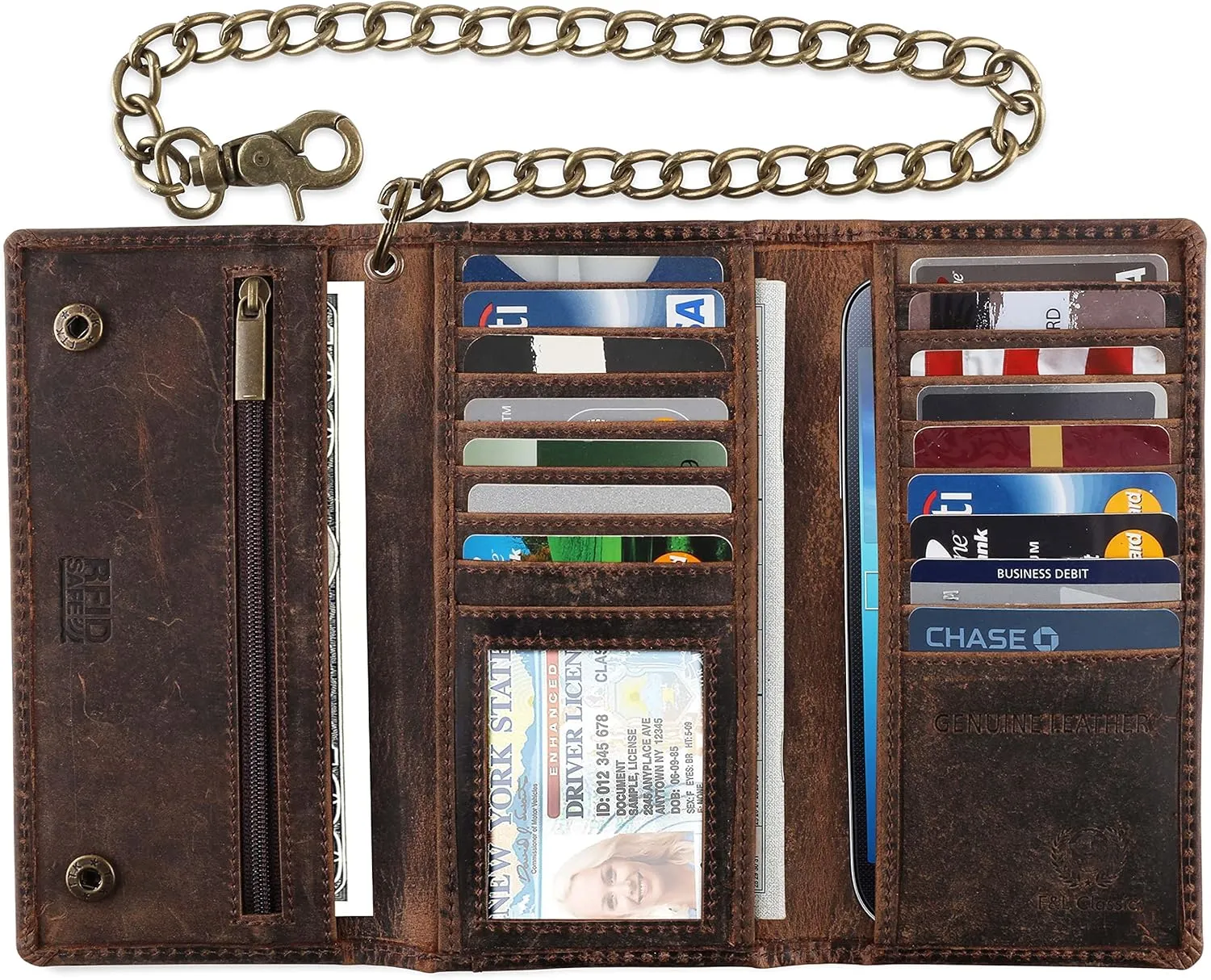 F&L CLASSIC RFID Blocking Mens Tri-fold Long Style Cowhide Leather Steel Chain Wallet,buffalo vintage leather