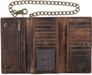 F&L CLASSIC RFID Blocking Mens Tri-fold Long Style Cowhide Leather Steel Chain Wallet,buffalo vintage leather