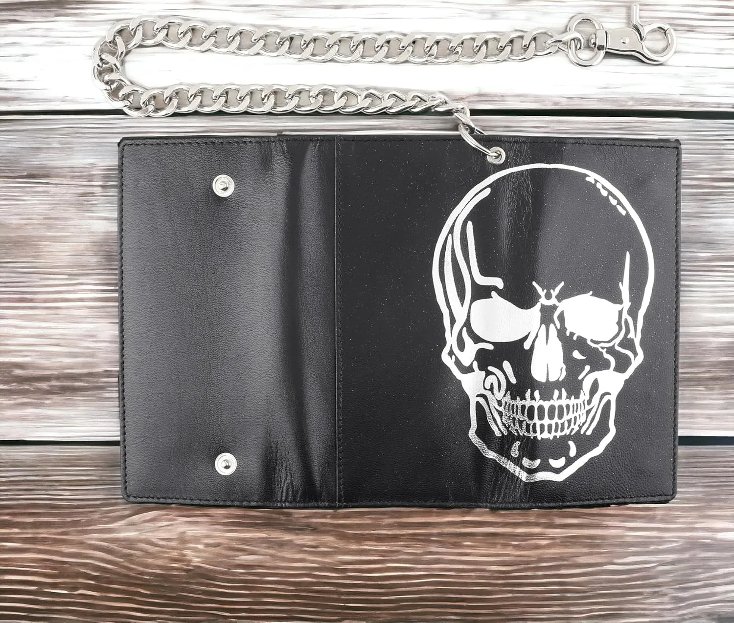 F&L CLASSIC RFID Blocking Mens Tri-fold Long Style Leather Steel Chain Wallet,black skull,212-50