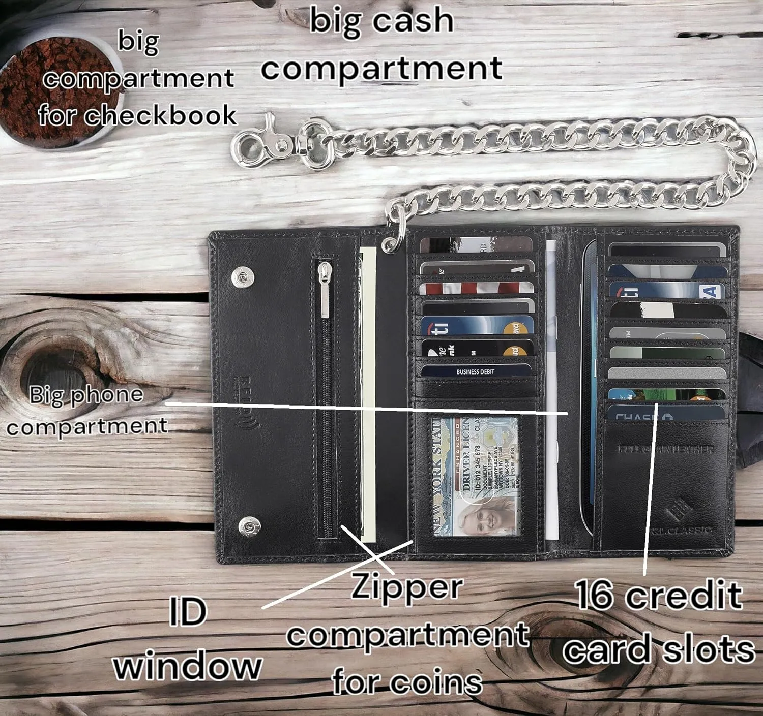 F&L CLASSIC RFID Blocking Mens Tri-fold Long Style Leather Steel Chain Wallet,black skull,212-50