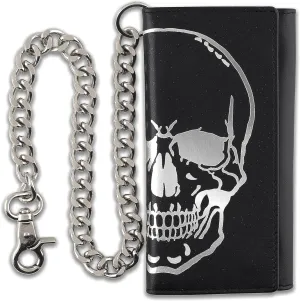 F&L CLASSIC RFID Blocking Mens Tri-fold Long Style Leather Steel Chain Wallet,black skull,212-50