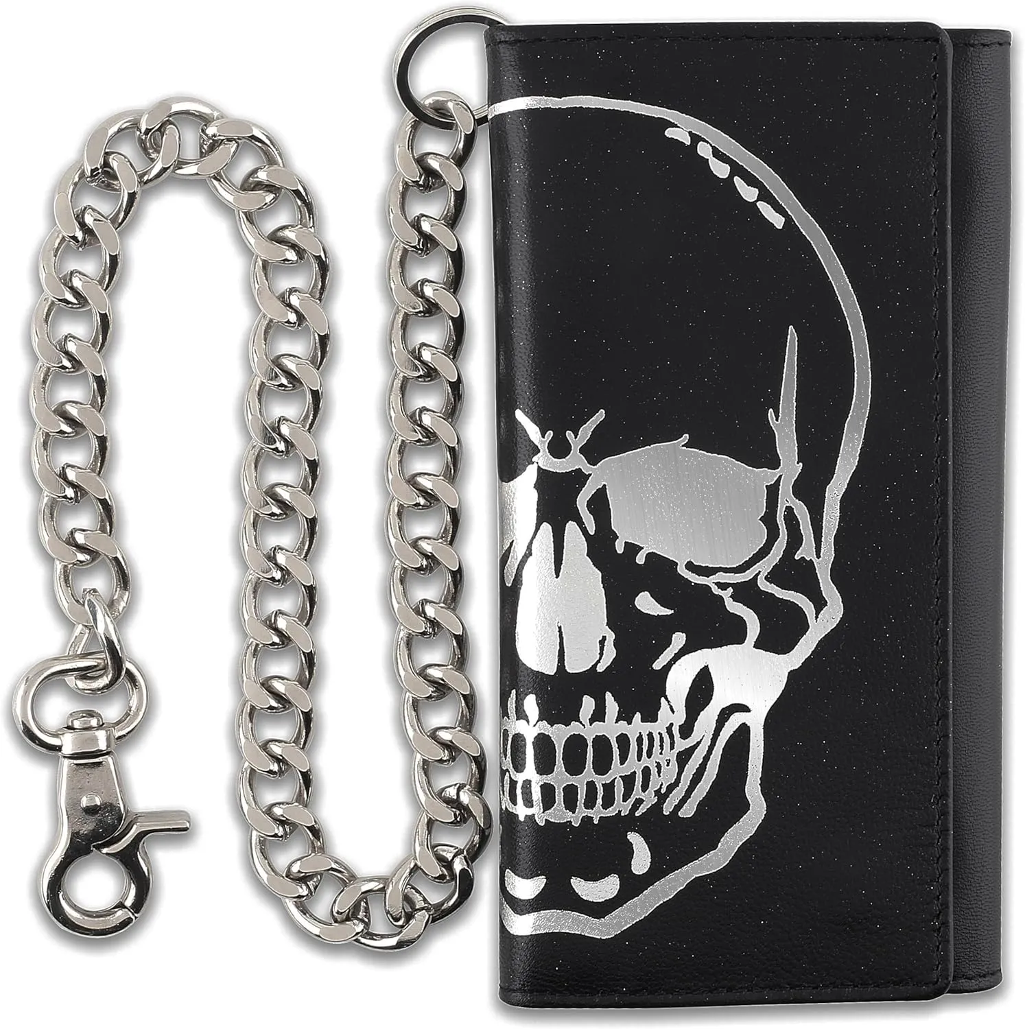 F&L CLASSIC RFID Blocking Mens Tri-fold Long Style Leather Steel Chain Wallet,black skull,212-50
