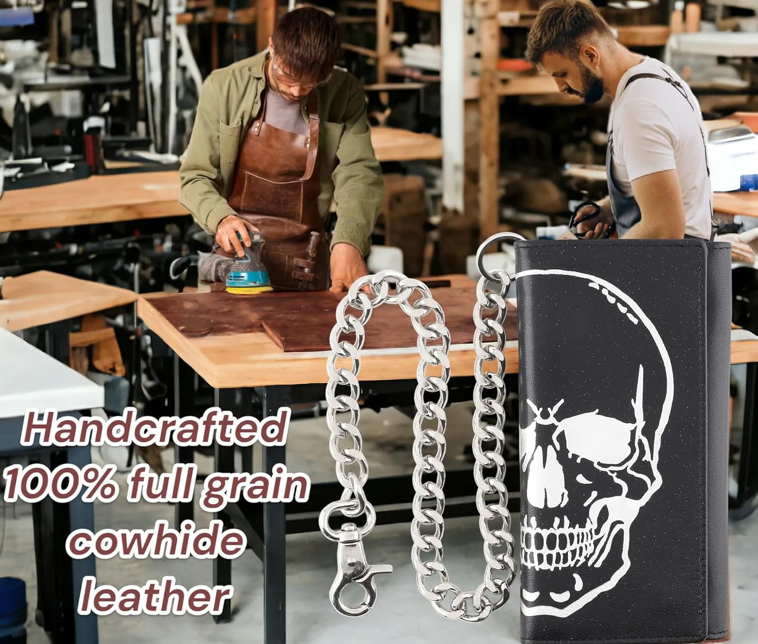 F&L CLASSIC RFID Blocking Mens Tri-fold Long Style Leather Steel Chain Wallet,black skull,212-50