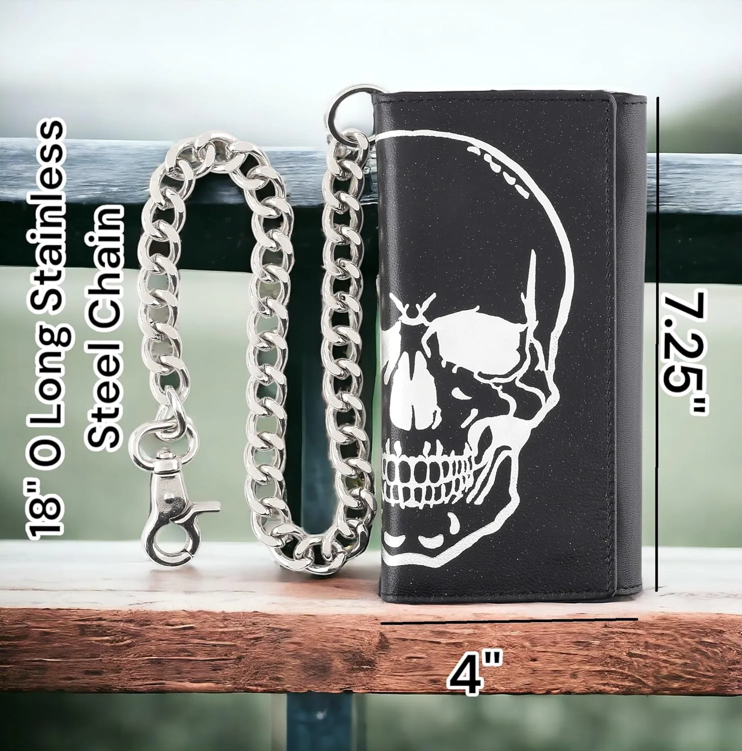 F&L CLASSIC RFID Blocking Mens Tri-fold Long Style Leather Steel Chain Wallet,black skull,212-50