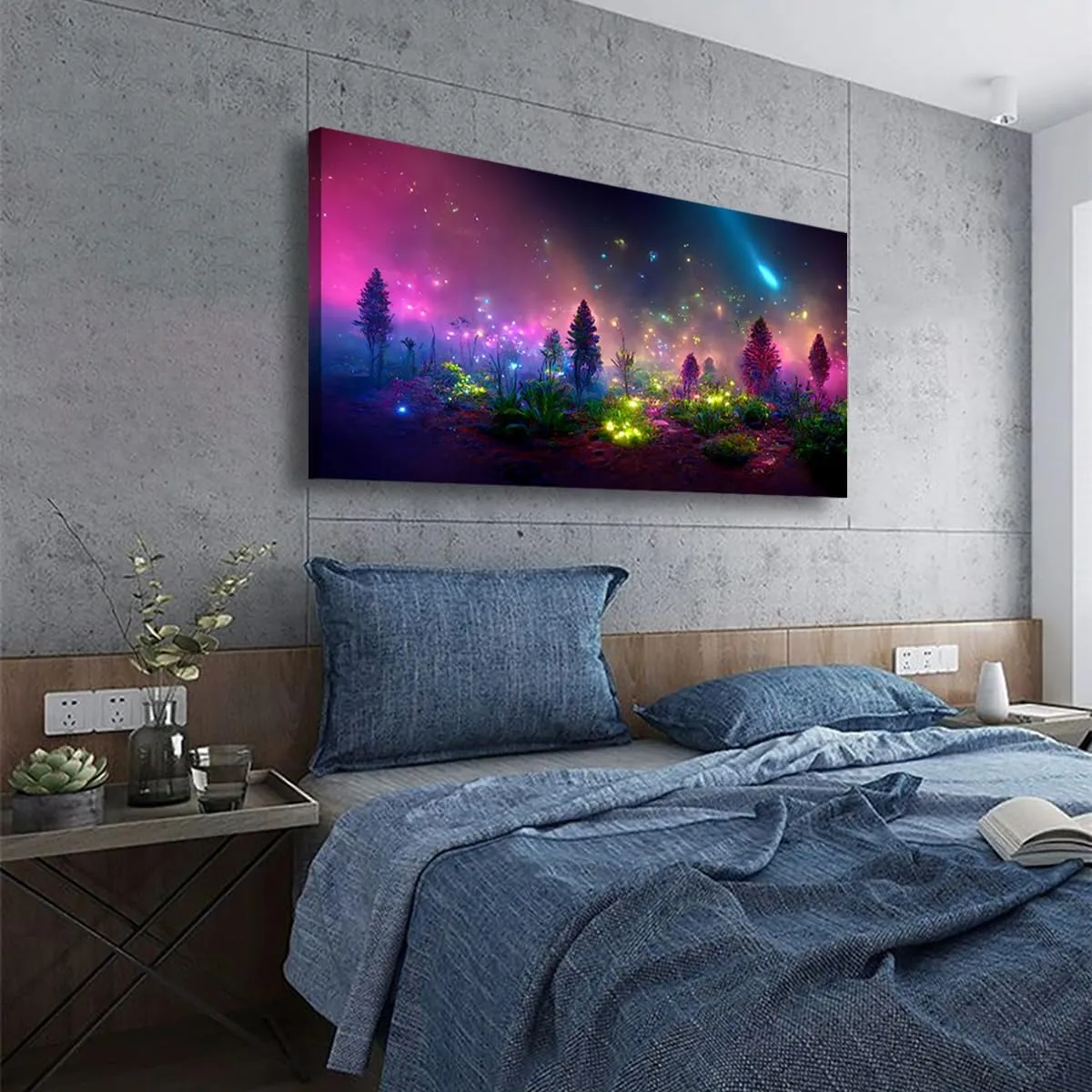 Fantastic Starry light Canvas Wall Art for Living room Office Bedroom Purple Dream Wall Art Print Paintings Modern Forest Fog Pictures Wall Decor Artwork Waterproof Ready to Hang - 20in * 40inch