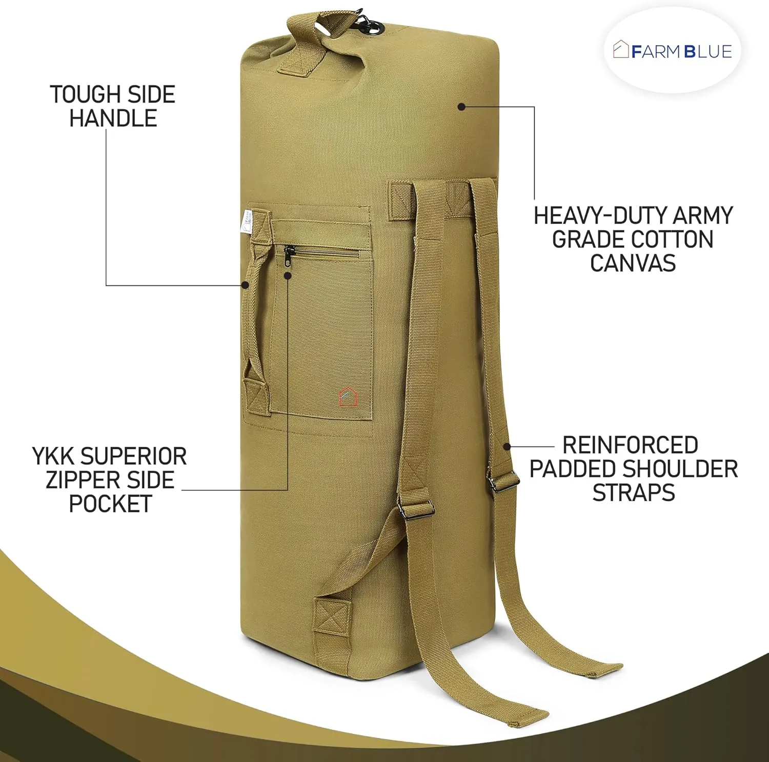 Farm Blue Brand Military Style GI’s Duffle -Simply the BEST 2 Strap Top Load XLarge Duffel on the market - Durable 18oz Canvas -4 Tactical Gear to Dorm -Summer Camp or Laundry Bag - 22" x 38" OD Green