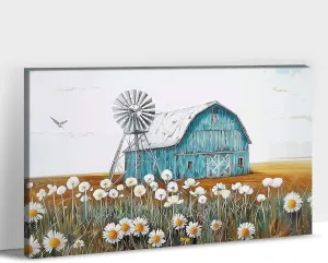 Farmhouse Barn Wall Art, Rustic Teal Old Barn and Windmill Flowers Painting Pictures for Living Room Canvas Wall Decor, Framed Vintage Country Farm Landscape Posters for Bathroom Artwork 18x24 Inches