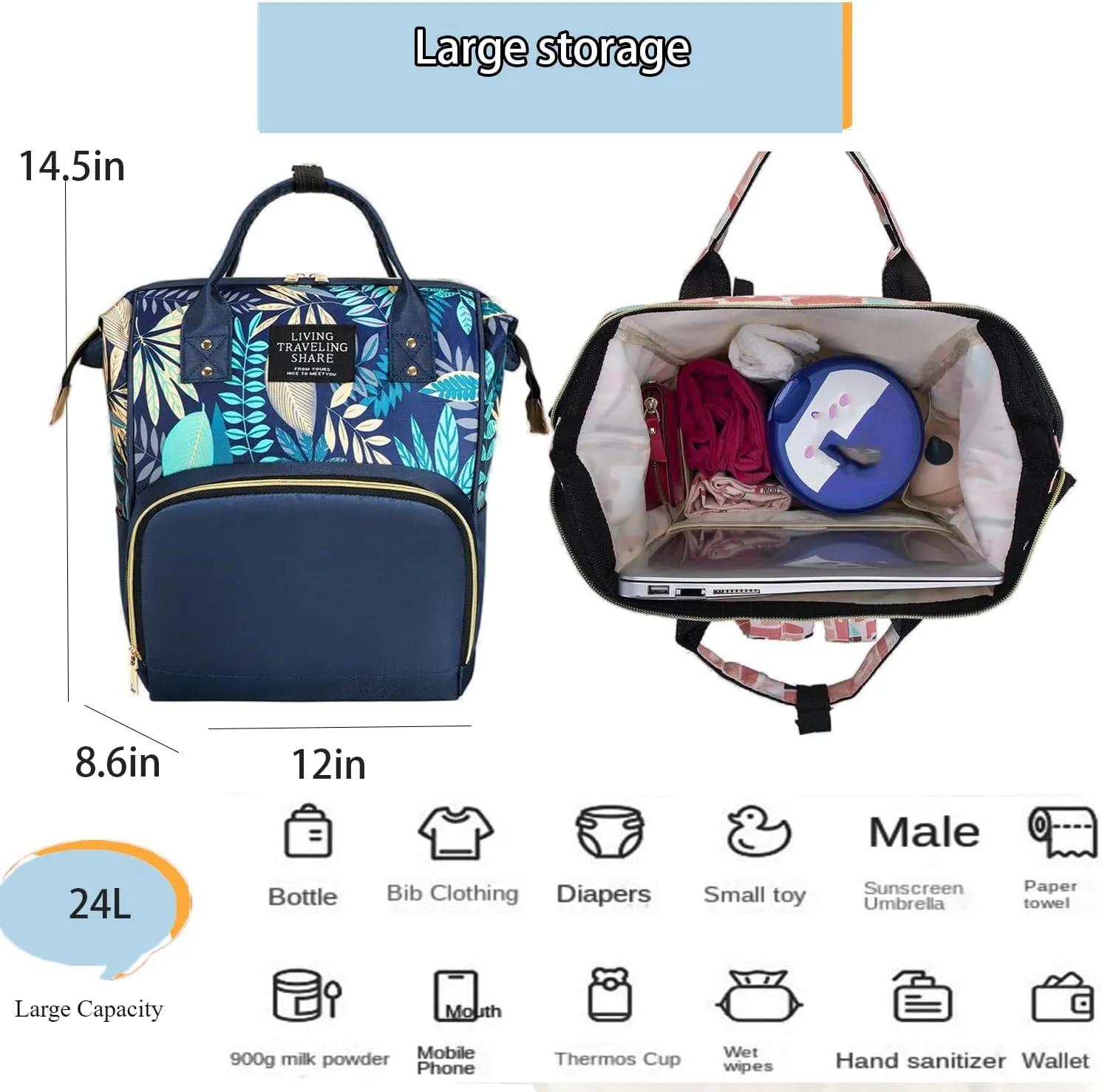 Fashion Diaper Backpack Waterproof Mommy Bag, Large Capacity Diaper Bag Travel Multi-functional Backpack Baby Boy Girl (Blue 1)