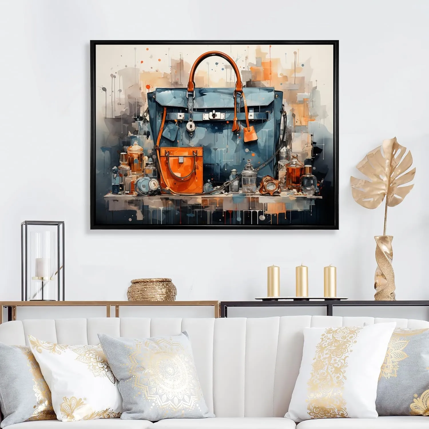 Fashion framed wall Art, Black Handbag in Minimalism, Fashion Large framed wall art decor, Teal Glam black framed wall art, 20x12 inches black frame