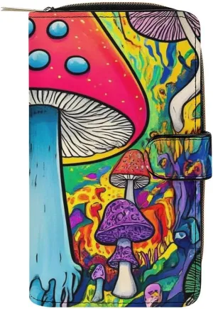 Fashion PU Leather Wallet, Multi-Functional Lightweight Trippy Magic Mushrooms Art Wallets, 12 Card Slots and Compartments, Women Men Large Capacity Travel Purse