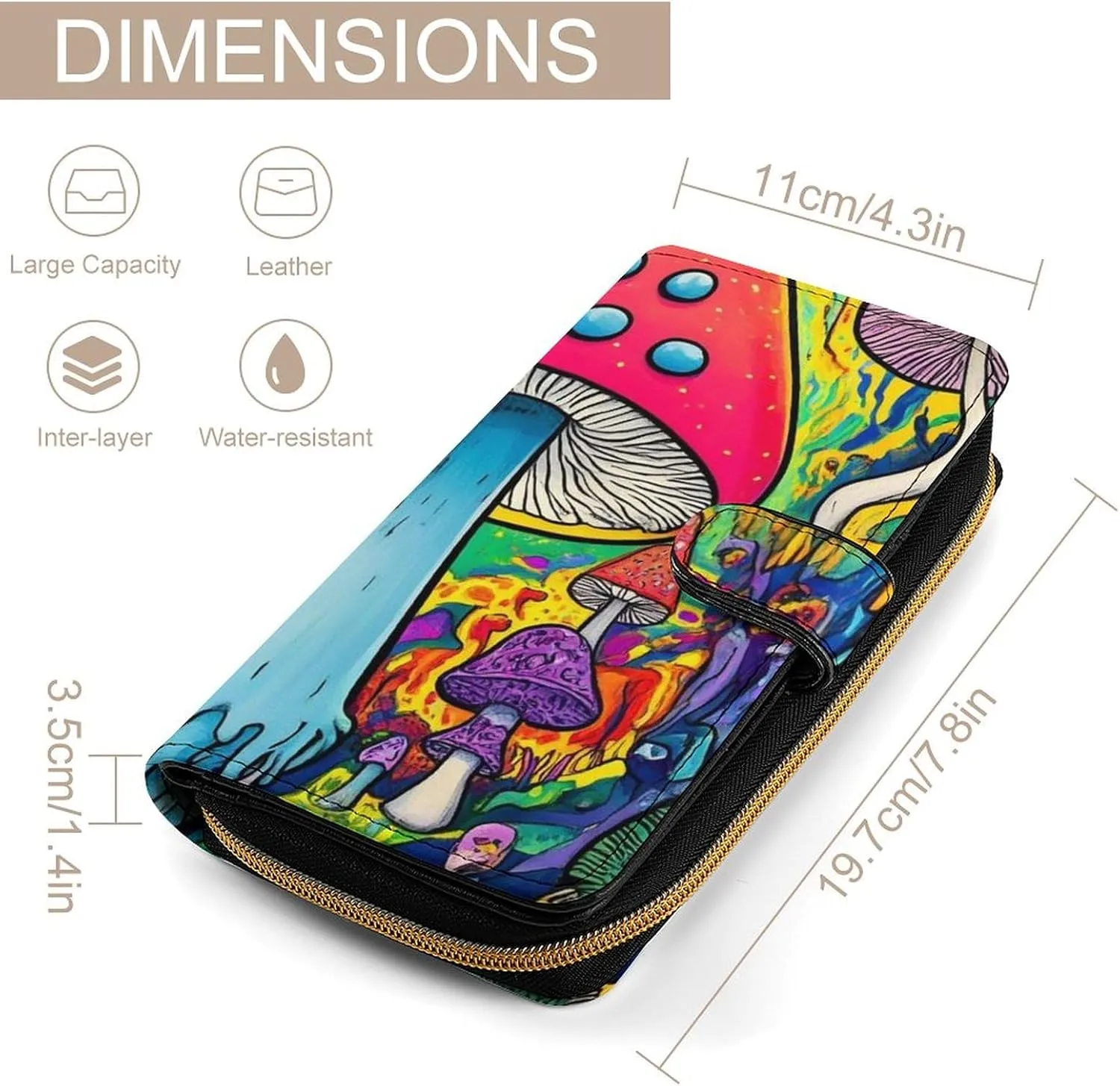 Fashion PU Leather Wallet, Multi-Functional Lightweight Trippy Magic Mushrooms Art Wallets, 12 Card Slots and Compartments, Women Men Large Capacity Travel Purse