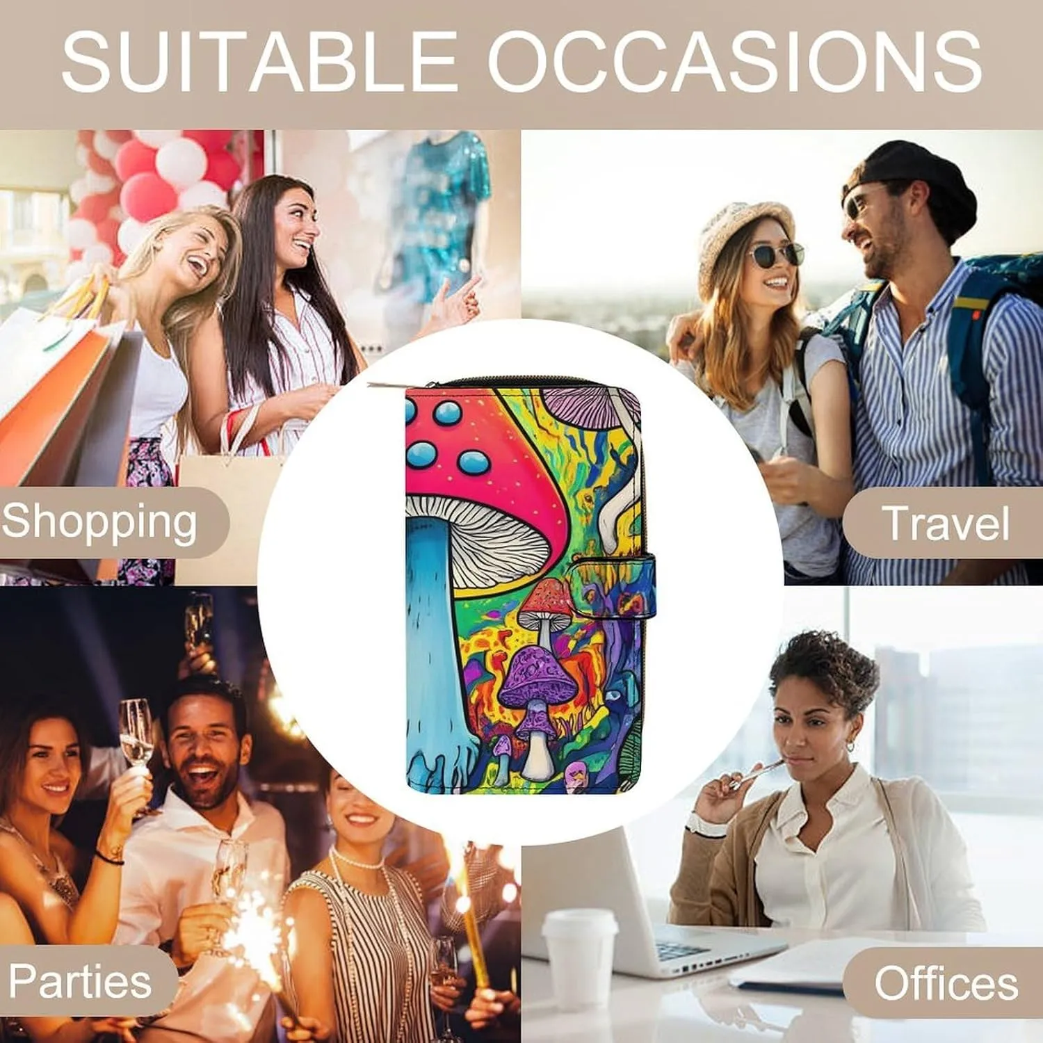 Fashion PU Leather Wallet, Multi-Functional Lightweight Trippy Magic Mushrooms Art Wallets, 12 Card Slots and Compartments, Women Men Large Capacity Travel Purse