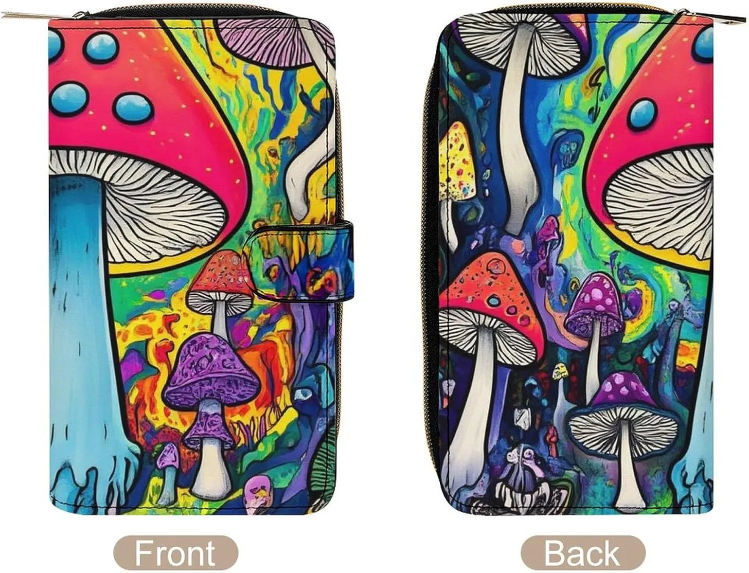 Fashion PU Leather Wallet, Multi-Functional Lightweight Trippy Magic Mushrooms Art Wallets, 12 Card Slots and Compartments, Women Men Large Capacity Travel Purse