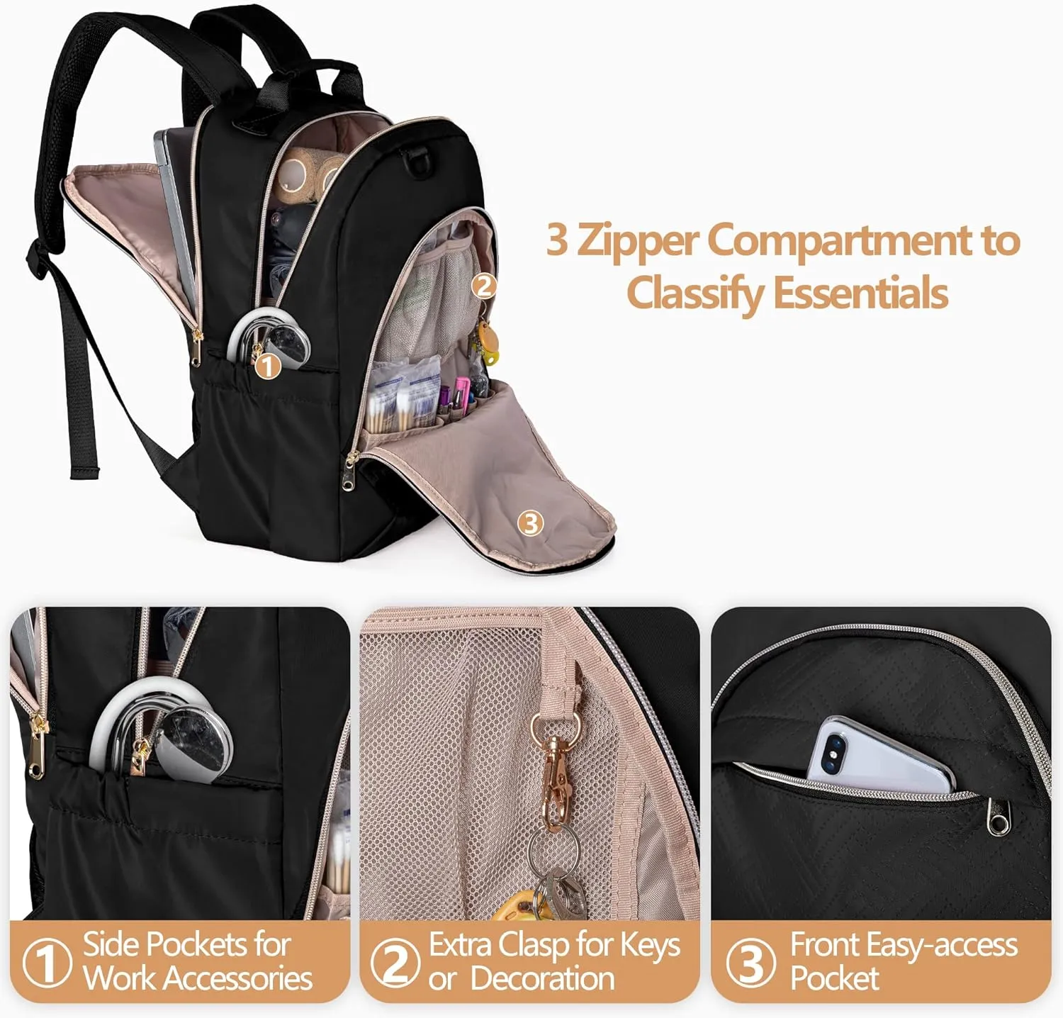 Fasrom Nurse Bag Backpack for Work Women with USB Charging Hole, Home Health Clinical Bag with Laptop Compartment for Staff Nurse, Medical Assistants, Black (Empty Bag Only)