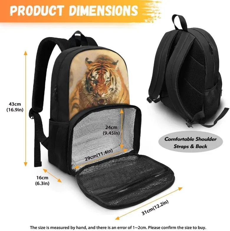 Fierce Tiger Hand Drawing Lunch Backpack Insulated Cooler Backpack for Roaring Tiger Art Painting Boys Elementary Bookbag with Lunch Bag for Teens Students Boys Girls