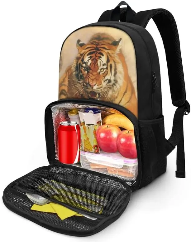 Fierce Tiger Hand Drawing Lunch Backpack Insulated Cooler Backpack for Roaring Tiger Art Painting Boys Elementary Bookbag with Lunch Bag for Teens Students Boys Girls