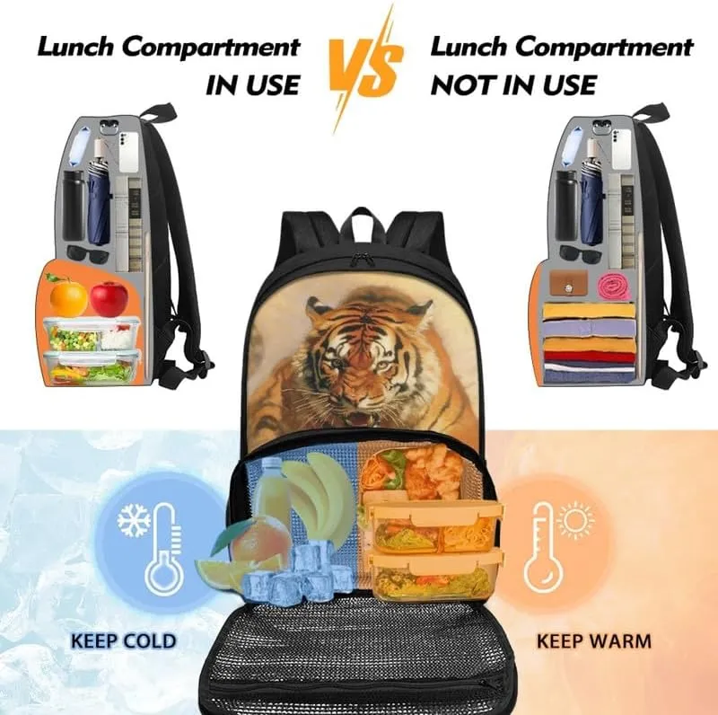 Fierce Tiger Hand Drawing Lunch Backpack Insulated Cooler Backpack for Roaring Tiger Art Painting Boys Elementary Bookbag with Lunch Bag for Teens Students Boys Girls