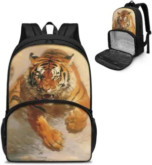 Fierce Tiger Hand Drawing Lunch Backpack Insulated Cooler Backpack for Roaring Tiger Art Painting Boys Elementary Bookbag with Lunch Bag for Teens Students Boys Girls