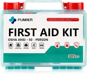 First-Aid-Kit-for-Home-Car-Businesses-Office, 305 Pieces Waterproof Portable Hard Box, 50-Person Emergency Medical Supplies for Vehicle, Travel, Camping, Sports, Survival, Boat & Workplace (PUMIER)