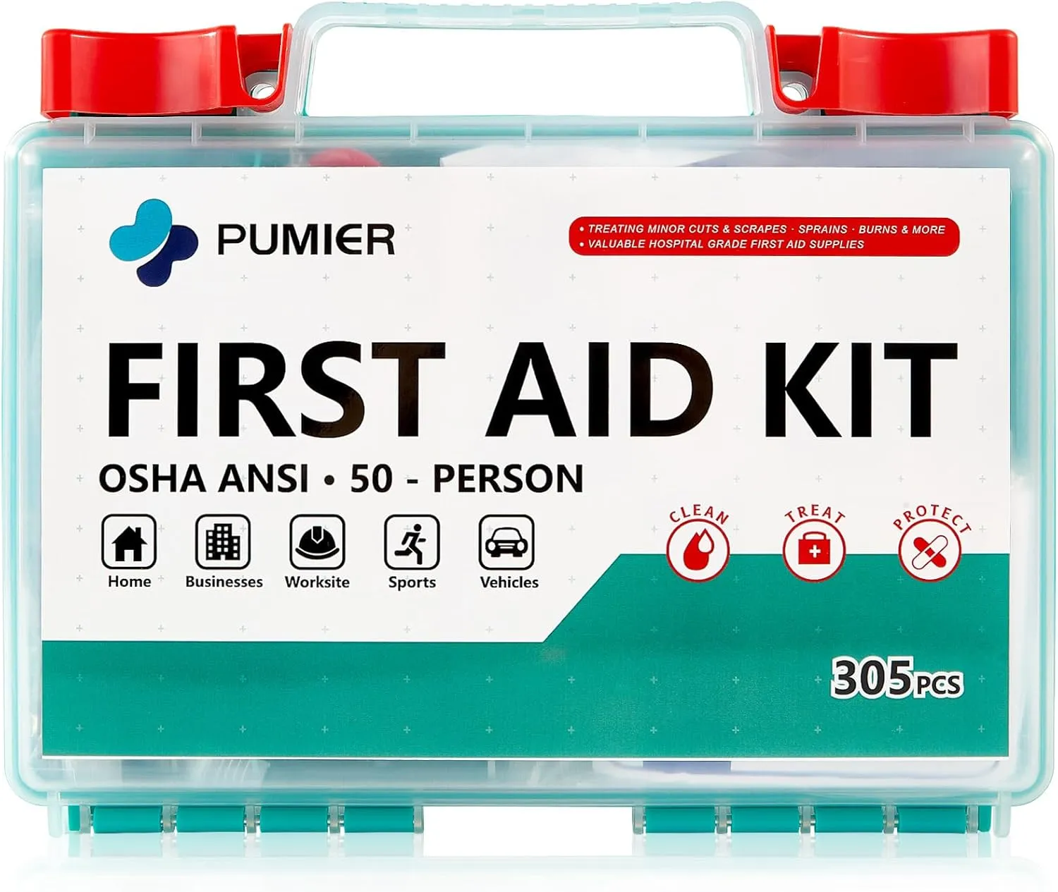 First-Aid-Kit-for-Home-Car-Businesses-Office, 305 Pieces Waterproof Portable Hard Box, 50-Person Emergency Medical Supplies for Vehicle, Travel, Camping, Sports, Survival, Boat & Workplace (PUMIER)