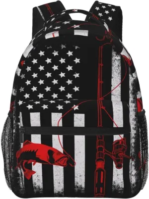 Fishing Fish American Flag Backpack Casual Pack Bag Laptop Backpack With Side Pocket Front Zipper Pocket Bookpack Travel Daypack Picnic Rucksack