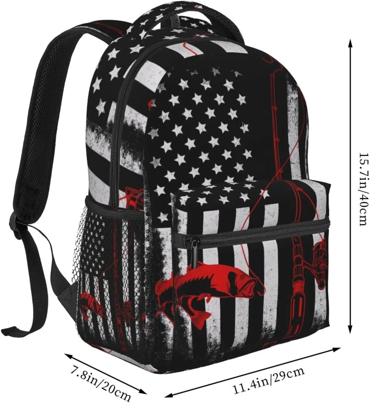 Fishing Fish American Flag Backpack Casual Pack Bag Laptop Backpack With Side Pocket Front Zipper Pocket Bookpack Travel Daypack Picnic Rucksack