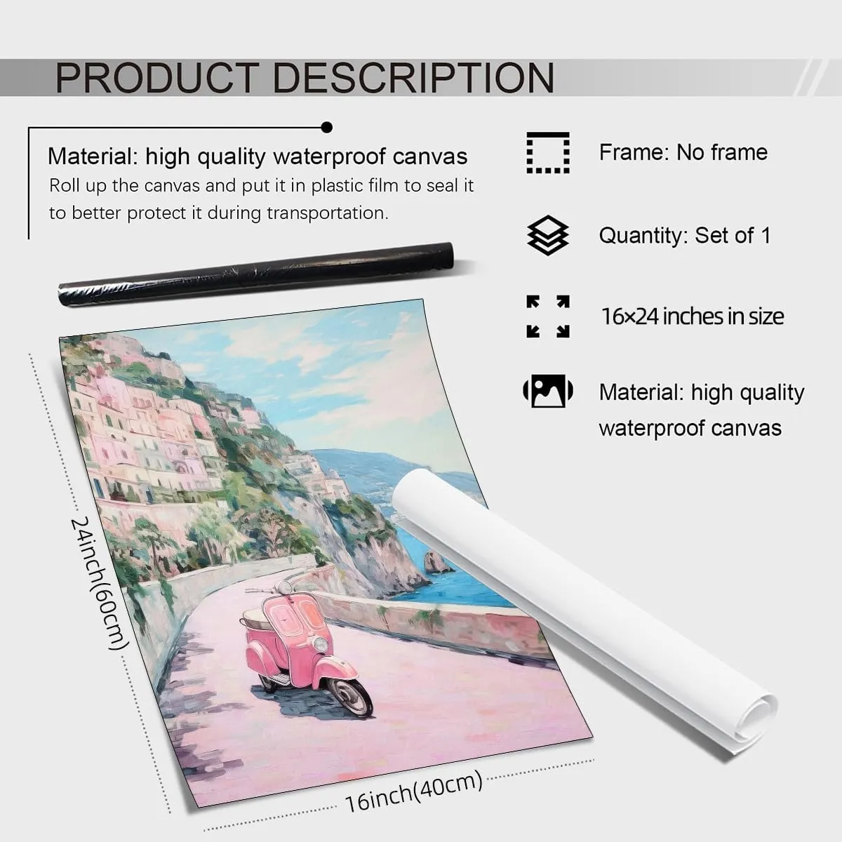 FITactic Amalfi Coast Pastel Canvas Wall Art Italian Beach Landscape Poster Preppy Beachy Painting Prints Girls Bedroom Dorm Wall Decor 16X24 inch Unframed