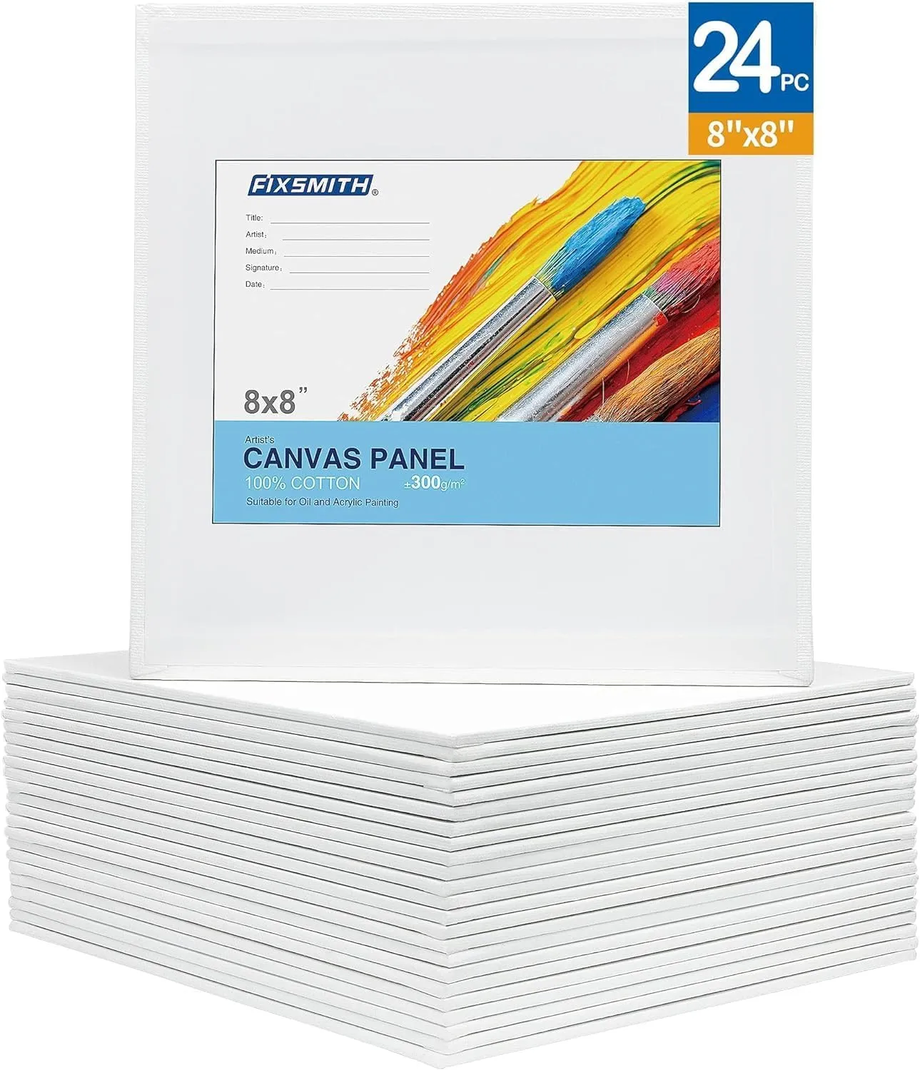 FIXSMITH Canvas Boards for Painting 8x8 Inch, Super Value 24 Pack Paint Canvases, White Blank Canvas Panels, 100% Cotton Primed, Painting Art Supplies