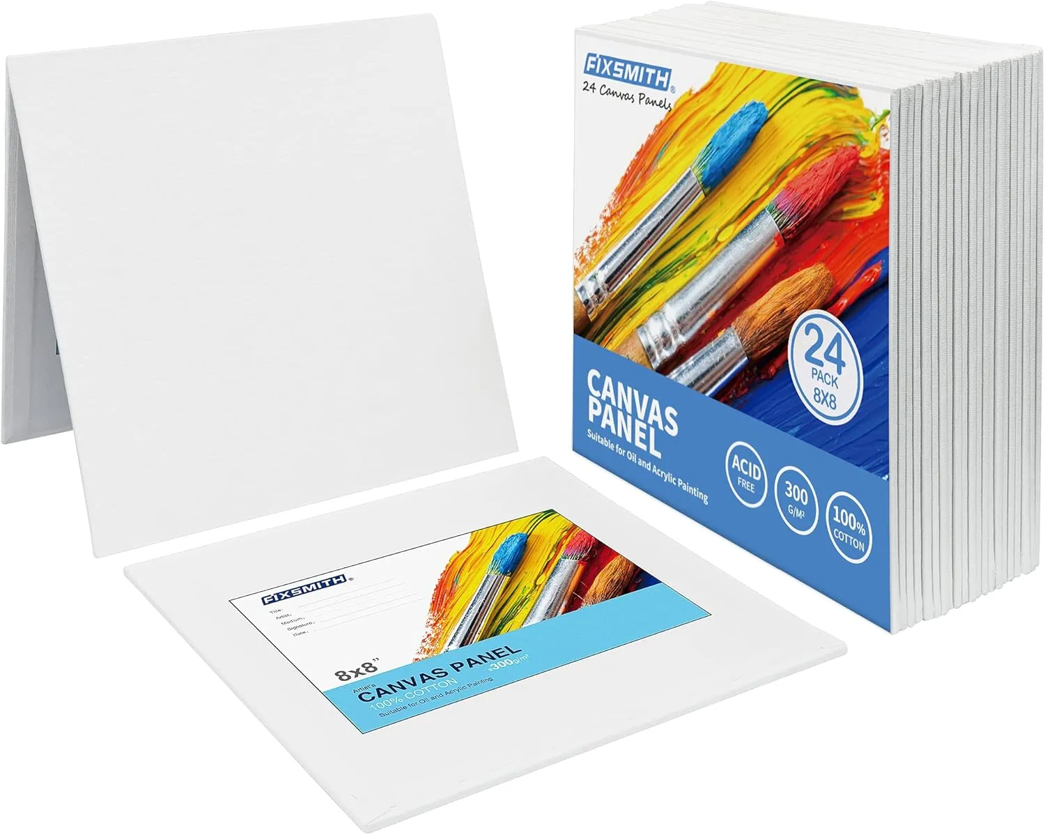 FIXSMITH Canvas Boards for Painting 8x8 Inch, Super Value 24 Pack Paint Canvases, White Blank Canvas Panels, 100% Cotton Primed, Painting Art Supplies
