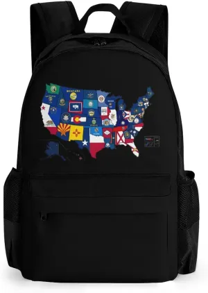 Flag Map of U.S. States and Territories Printed Backpack Causal Daypack Travel Laptop Shoulders Bag with Side Pockets for Men Women 13 X 7 X 16 Inch