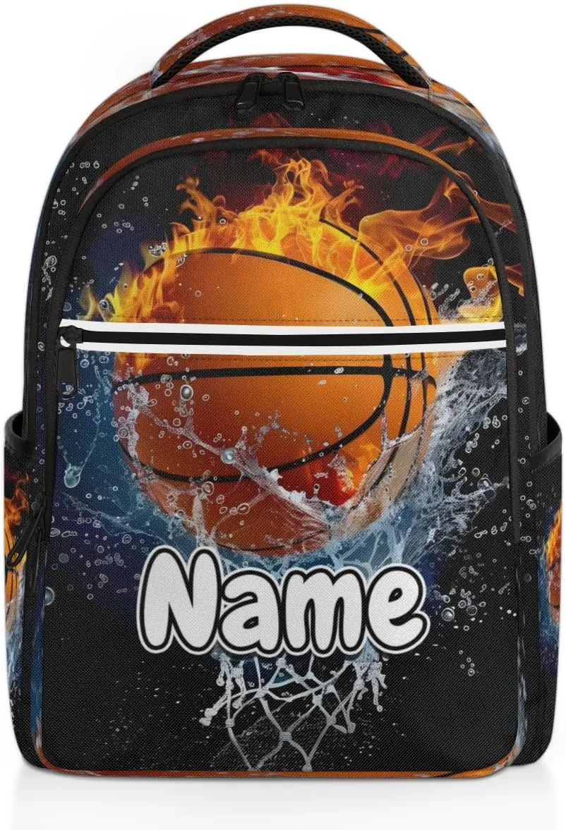 Flame Basketball Personalized Laptop Backpack with Name Custom Shoulder Bags for Women Men Waterproof Travel Casual Daypack Laptop Bag Gifts 16.1in
