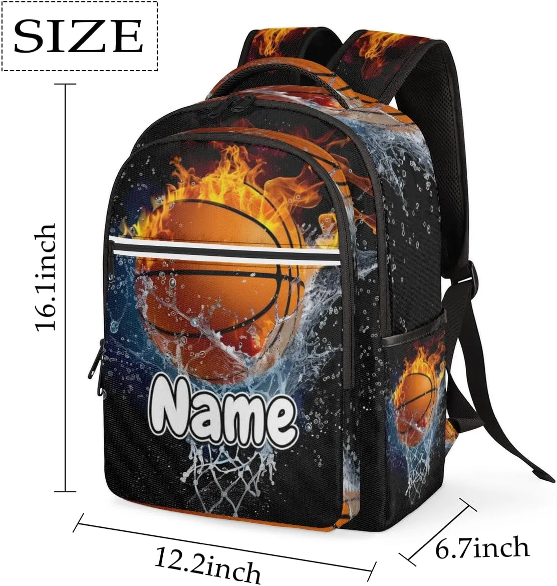 Flame Basketball Personalized Laptop Backpack with Name Custom Shoulder Bags for Women Men Waterproof Travel Casual Daypack Laptop Bag Gifts 16.1in