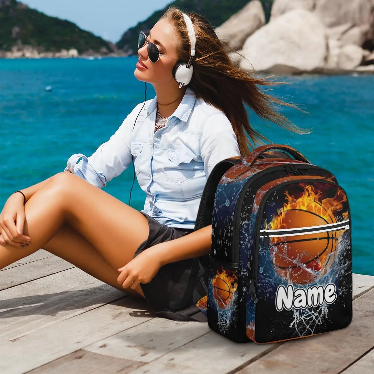 Flame Basketball Personalized Laptop Backpack with Name Custom Shoulder Bags for Women Men Waterproof Travel Casual Daypack Laptop Bag Gifts 16.1in