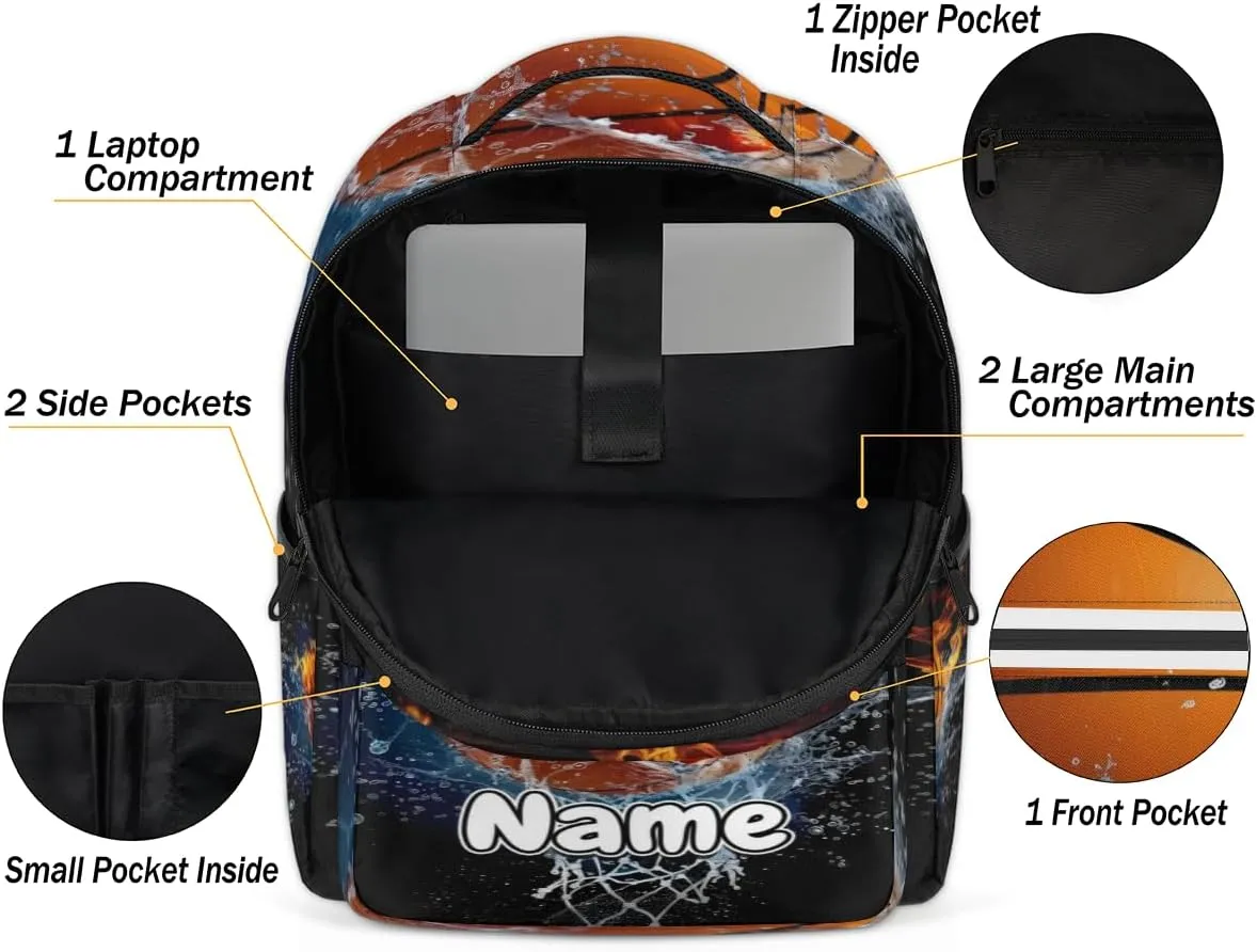 Flame Basketball Personalized Laptop Backpack with Name Custom Shoulder Bags for Women Men Waterproof Travel Casual Daypack Laptop Bag Gifts 16.1in