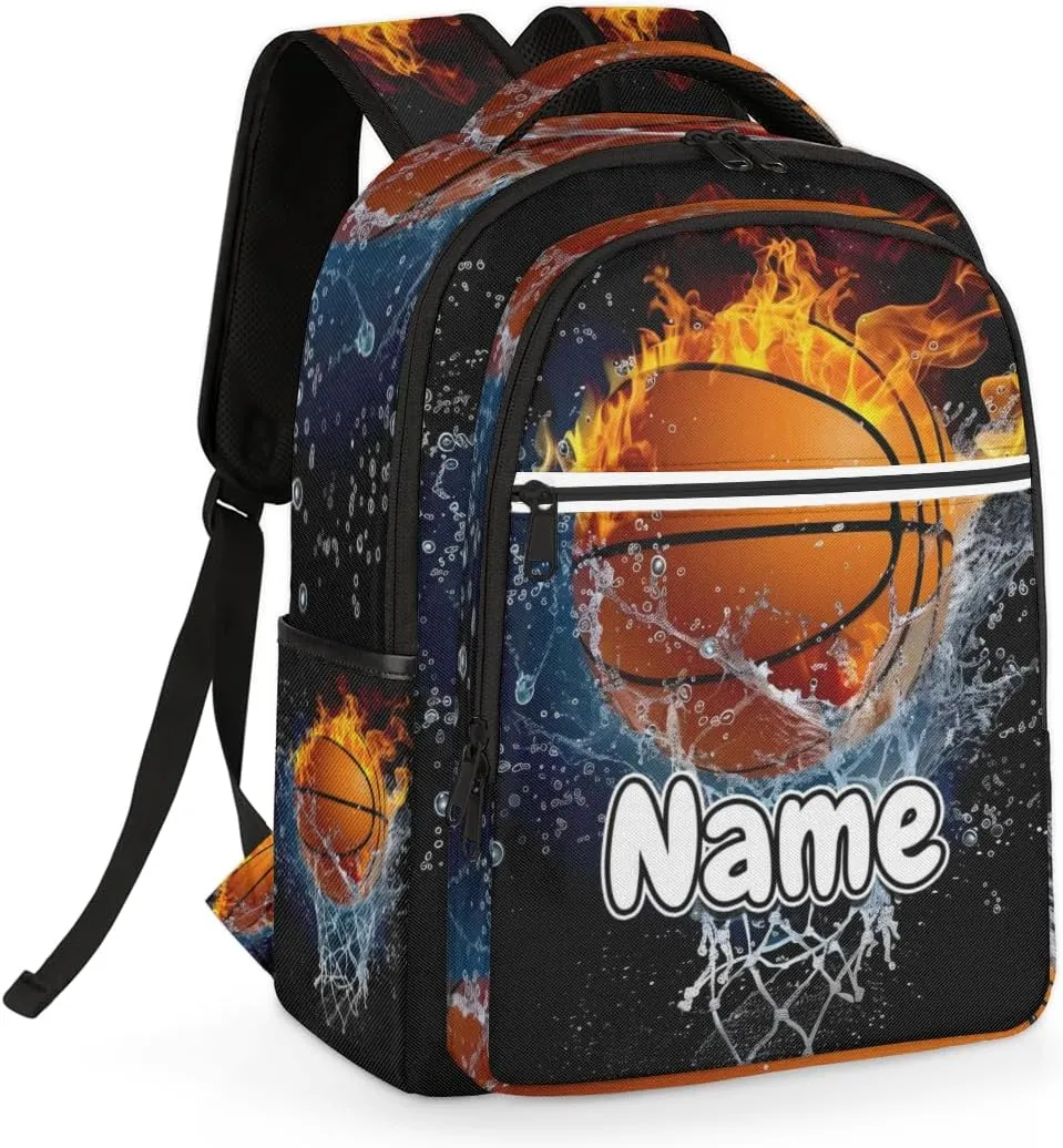 Flame Basketball Personalized Laptop Backpack with Name Custom Shoulder Bags for Women Men Waterproof Travel Casual Daypack Laptop Bag Gifts 16.1in