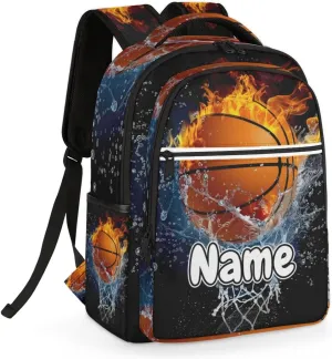 Flame Basketball Personalized Laptop Backpack with Name Custom Shoulder Bags for Women Men Waterproof Travel Casual Daypack Laptop Bag Gifts 16.1in