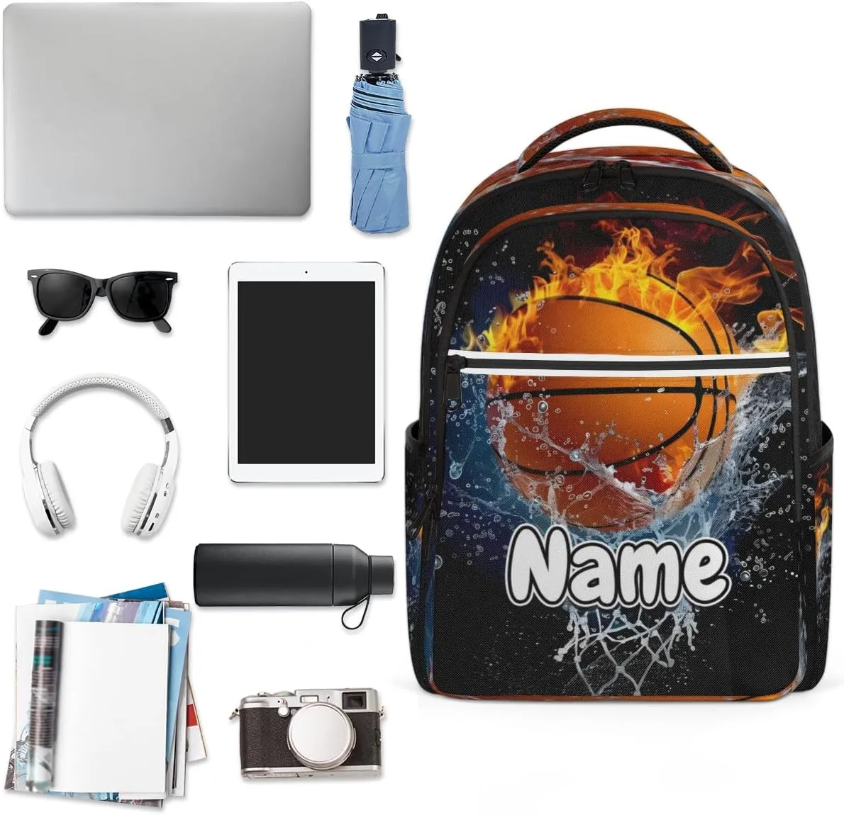 Flame Basketball Personalized Laptop Backpack with Name Custom Shoulder Bags for Women Men Waterproof Travel Casual Daypack Laptop Bag Gifts 16.1in