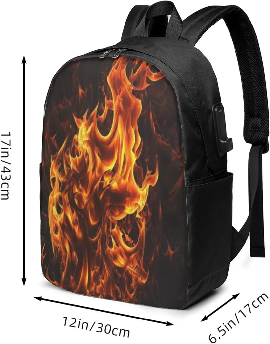 Flames Burning Fire Laptop Backpack, Travel Backpack with USB Charging Port, Computer Bag for Men Women