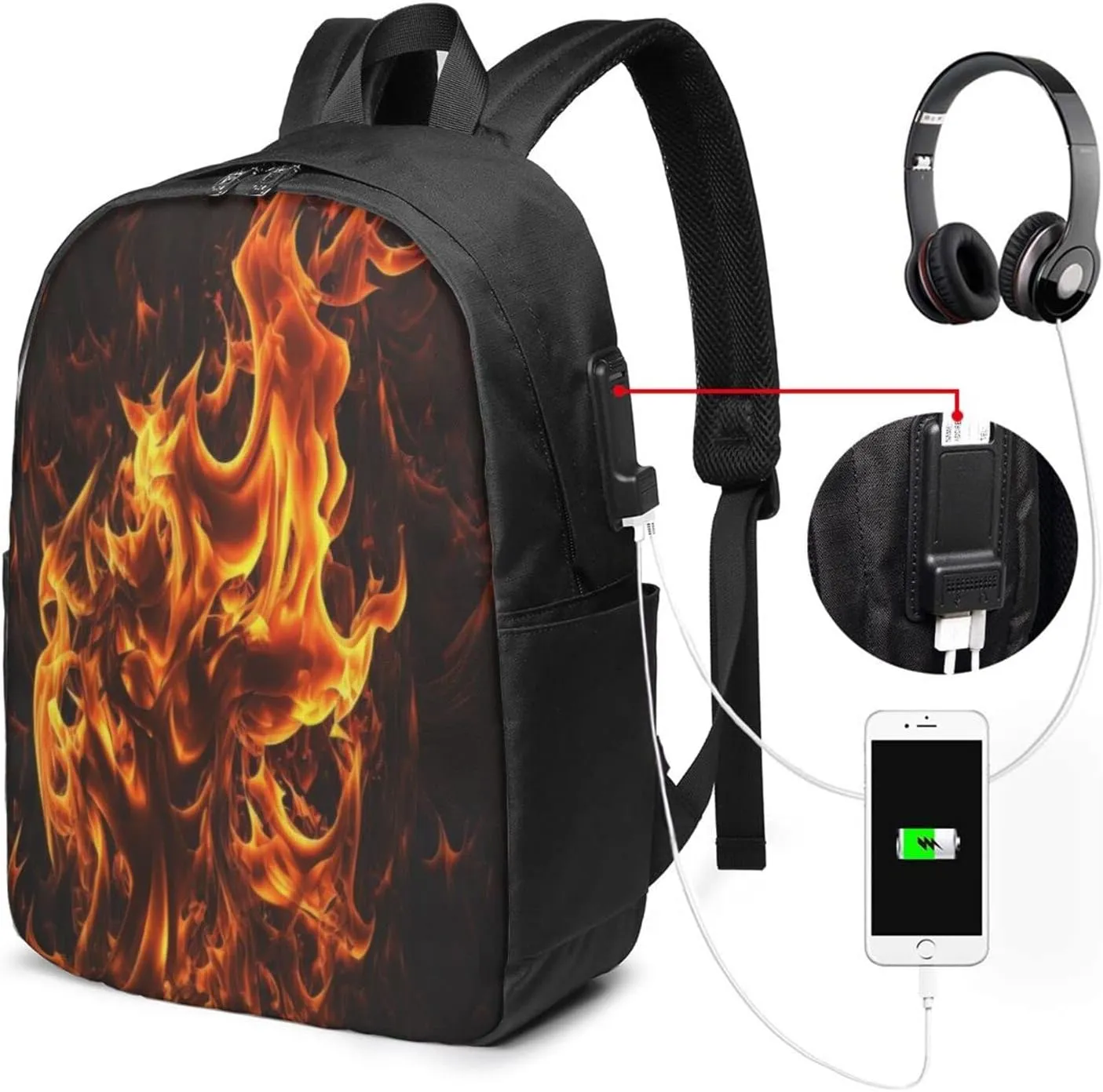 Flames Burning Fire Laptop Backpack, Travel Backpack with USB Charging Port, Computer Bag for Men Women
