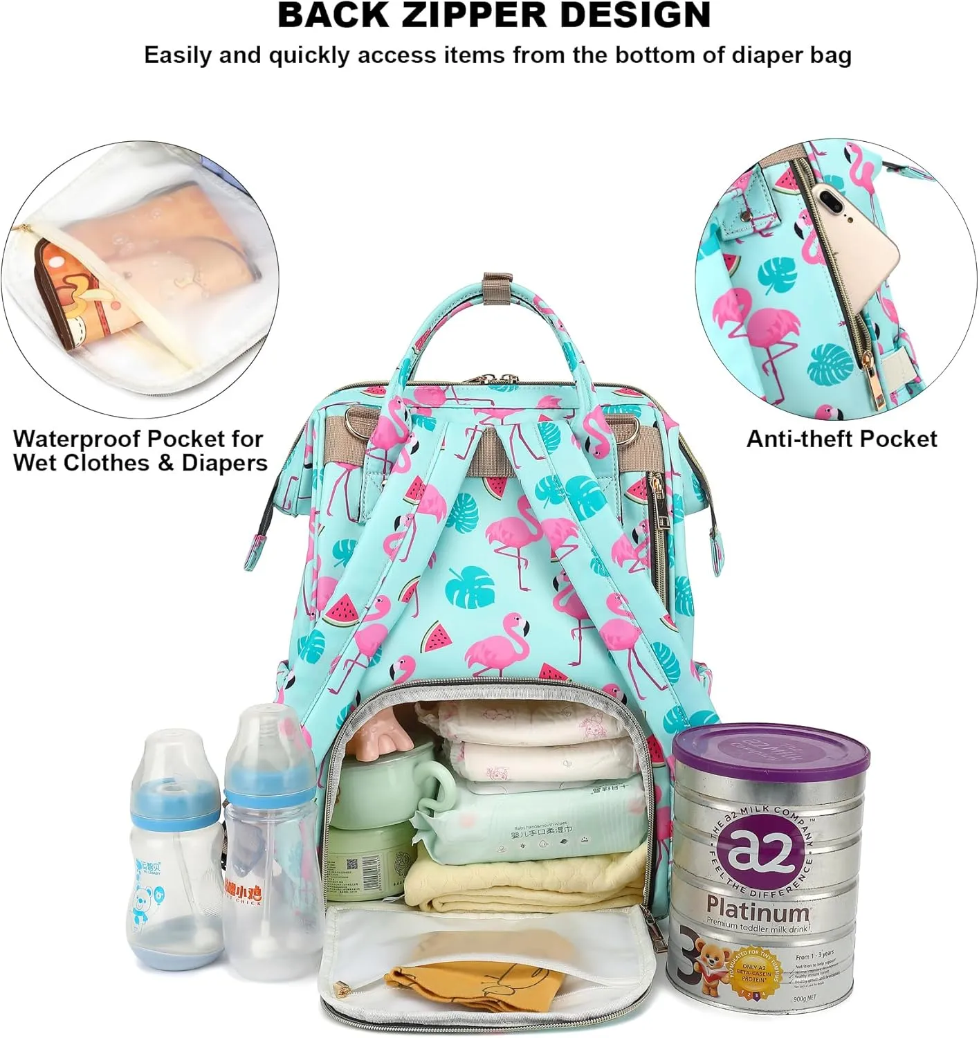 Flamingo Diaper Bag Backpack for Baby Girls Boys, Large Capacity Multifunction Waterproof Maternity Mom Nappy Bags with Stroller Straps