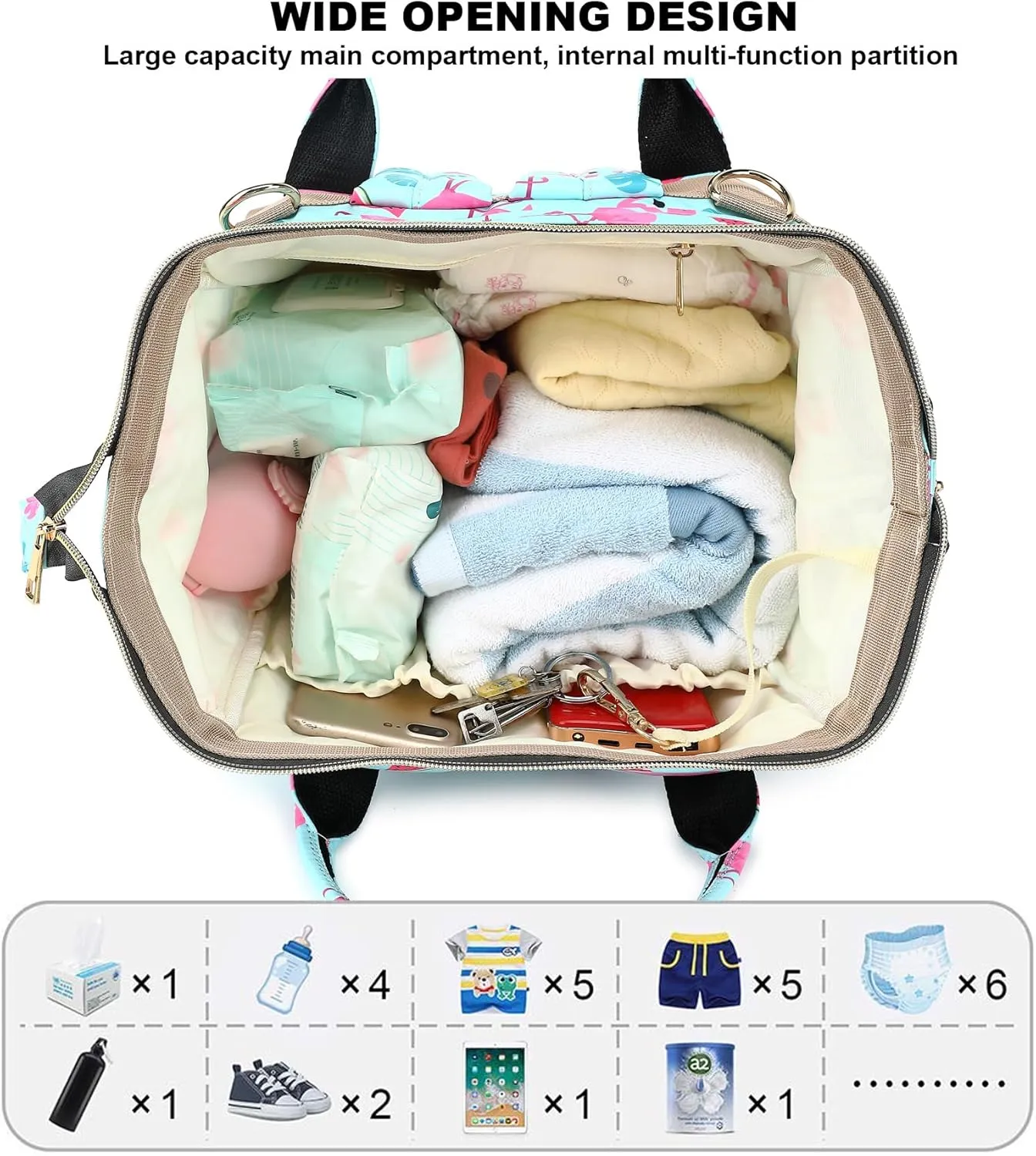 Flamingo Diaper Bag Backpack for Baby Girls Boys, Large Capacity Multifunction Waterproof Maternity Mom Nappy Bags with Stroller Straps