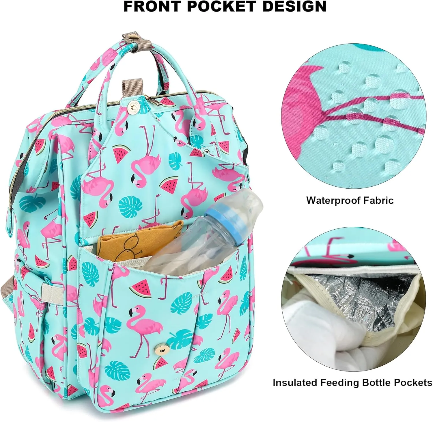 Flamingo Diaper Bag Backpack for Baby Girls Boys, Large Capacity Multifunction Waterproof Maternity Mom Nappy Bags with Stroller Straps