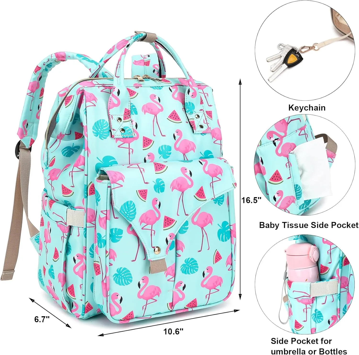 Flamingo Diaper Bag Backpack for Baby Girls Boys, Large Capacity Multifunction Waterproof Maternity Mom Nappy Bags with Stroller Straps