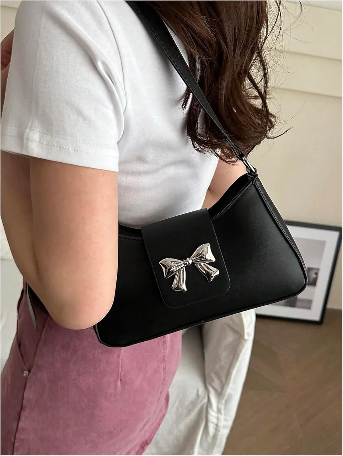 Floerns Women's Y2k Bow Decor Clutch Handbag Flap Leather Shoulder Underarm Bag Trendy