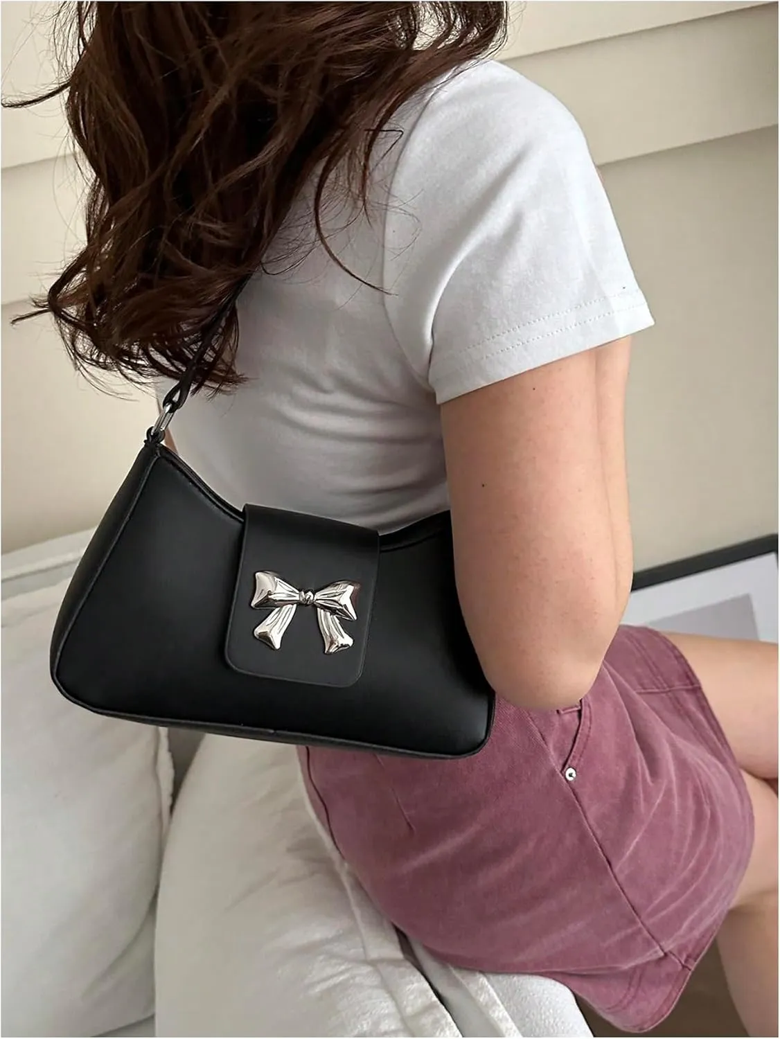 Floerns Women's Y2k Bow Decor Clutch Handbag Flap Leather Shoulder Underarm Bag Trendy