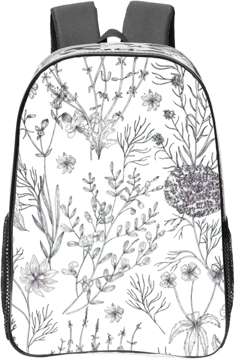 Flowering Herbs and Herbaceous Plants Print Unisex Transparent Backpack PVC Clear Bag Large Compartment Side Pocket Daily Use