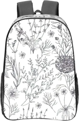 Flowering Herbs and Herbaceous Plants Print Unisex Transparent Backpack PVC Clear Bag Large Compartment Side Pocket Daily Use